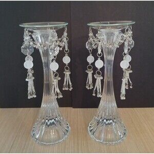 Set of 2 Crystal Candlestick Holders with Detachable Chandelier Drip Plates